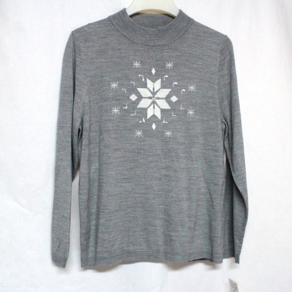 Allison Daley Women's Large Long Sleeve Grey Snowflake Sweater With Sequins